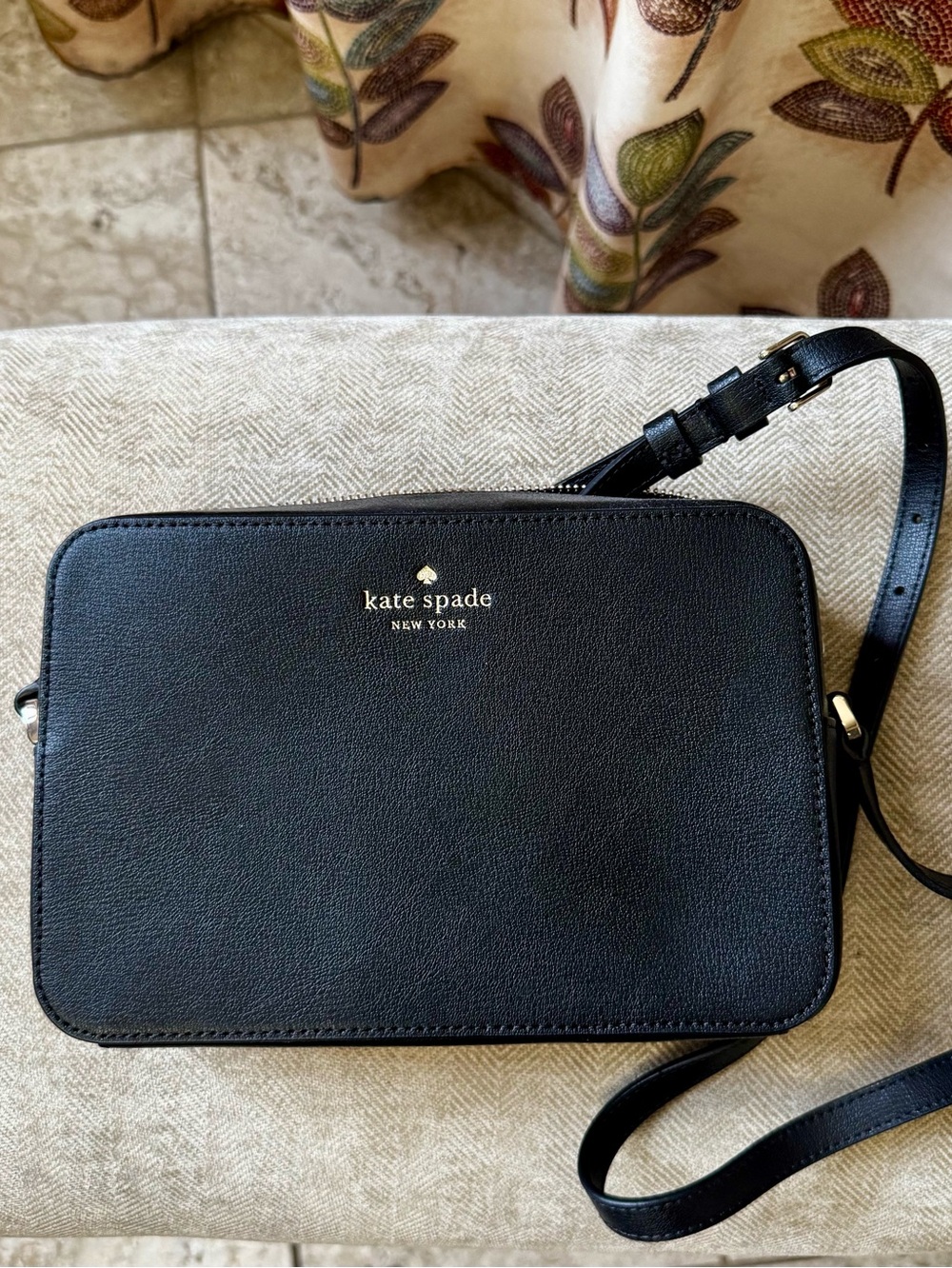 kate spade Black Leather Compact Crossbody with Gold Logo